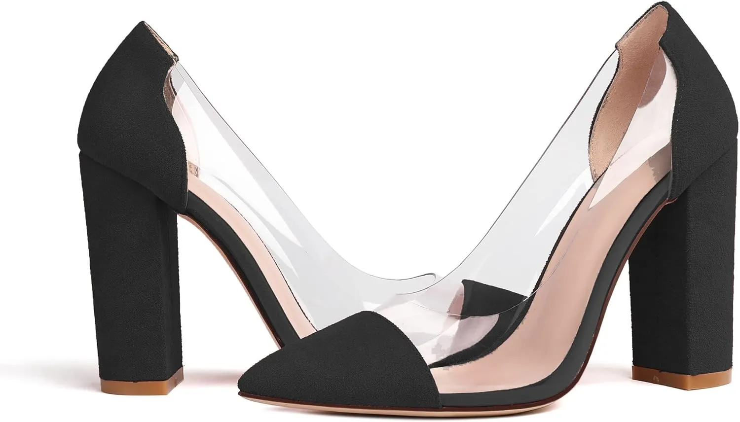 Soireelady Women's Slip-on Pumps High Block Heels Pointy Toe Sexy Clear Pumps Elegant Comfort 10CM Transparent Party Office Business Chunk Heeled Shoes