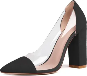 Soireelady Women's Slip-on Pumps High Block Heels Pointy Toe Sexy Clear Pumps Elegant Comfort 10CM Transparent Party Office Business Chunk Heeled Shoes