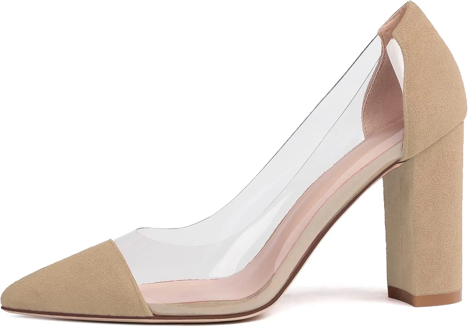 Soireelady Women's Slip-on Pumps High Block Heels Pointy Toe Sexy Clear Pumps Elegant Comfort 8CM Transparent Party Office Business Chunk Heeled Shoes