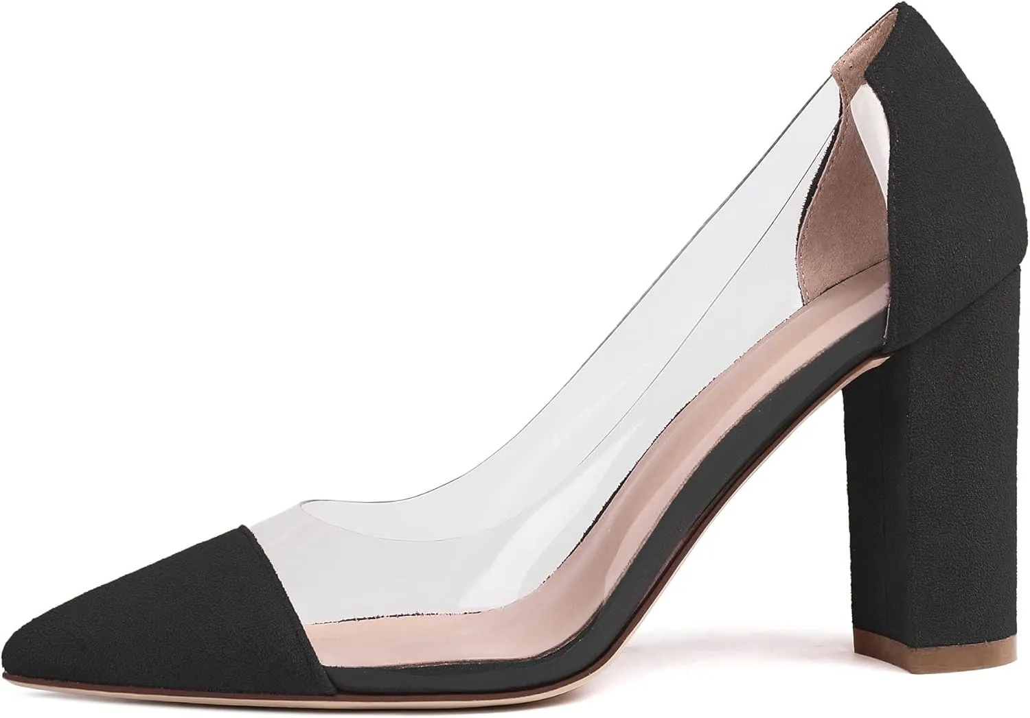 Soireelady Women's Slip-on Pumps High Block Heels Pointy Toe Sexy Clear Pumps Elegant Comfort 8CM Transparent Party Office Business Chunk Heeled Shoes