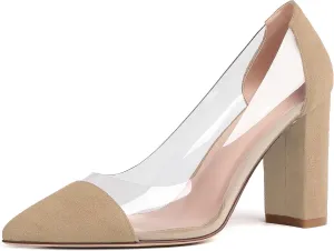 Soireelady Women's Slip-on Pumps High Block Heels Pointy Toe Sexy Clear Pumps Elegant Comfort 8CM Transparent Party Office Business Chunk Heeled Shoes