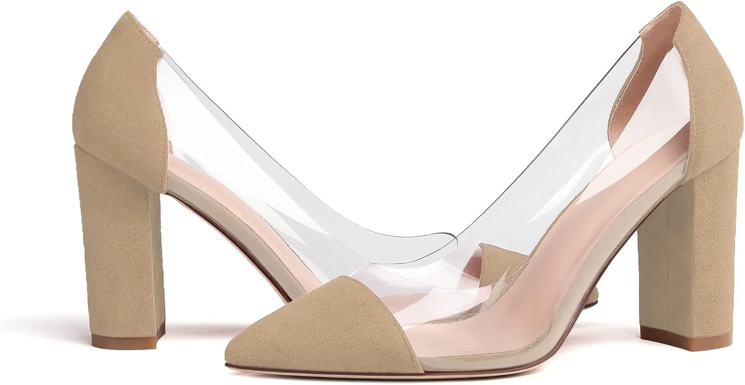 Soireelady Women's Slip-on Pumps High Block Heels Pointy Toe Sexy Clear Pumps Elegant Comfort 8CM Transparent Party Office Business Chunk Heeled Shoes