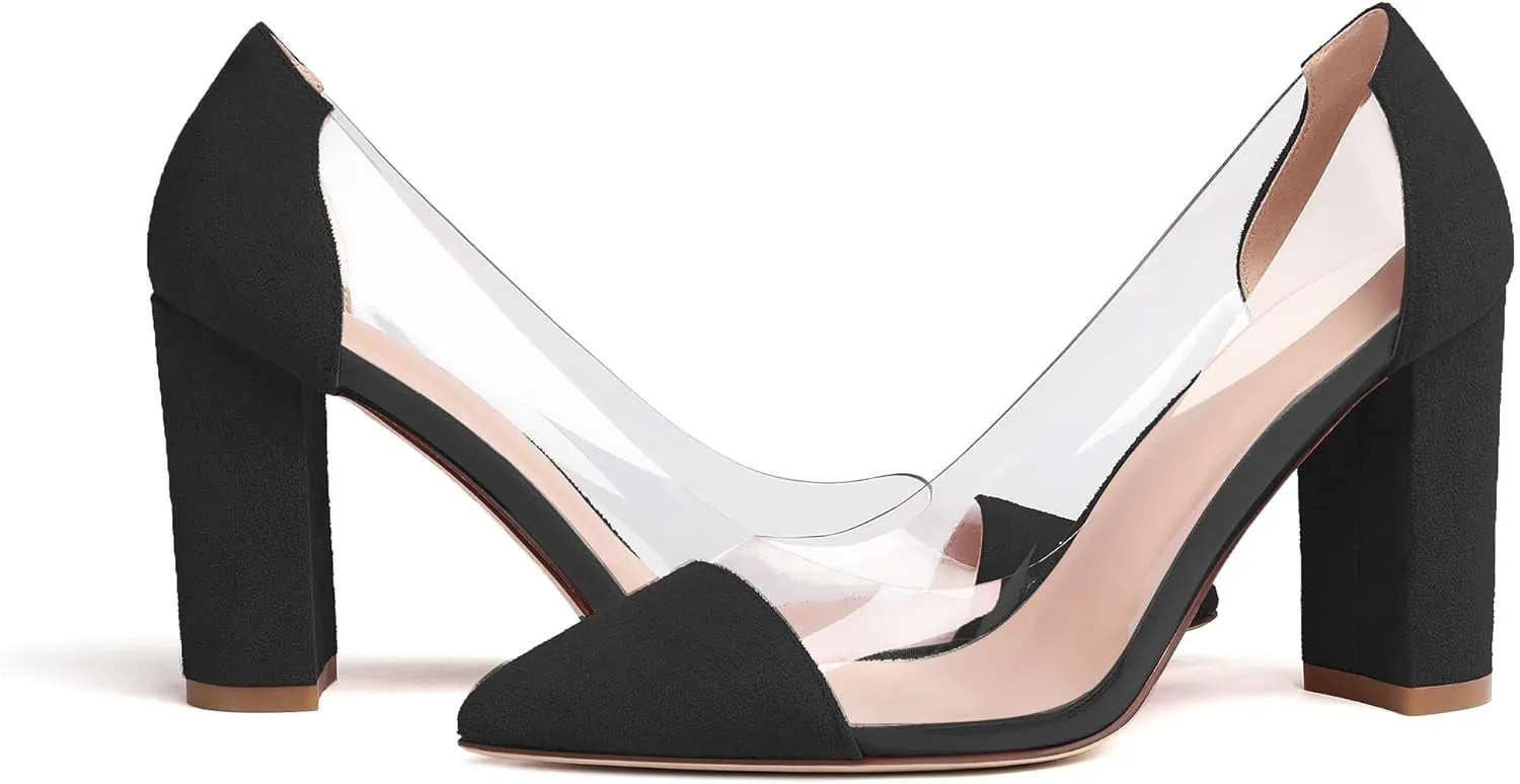 Soireelady Women's Slip-on Pumps High Block Heels Pointy Toe Sexy Clear Pumps Elegant Comfort 8CM Transparent Party Office Business Chunk Heeled Shoes