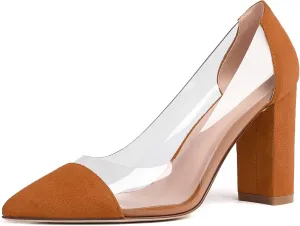 Soireelady Women's Slip-on Pumps High Block Heels Pointy Toe Sexy Clear Pumps Elegant Comfort 8CM Transparent Party Office Business Chunk Heeled Shoes