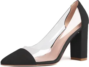 Soireelady Women's Slip-on Pumps High Block Heels Pointy Toe Sexy Clear Pumps Elegant Comfort 8CM Transparent Party Office Business Chunk Heeled Shoes