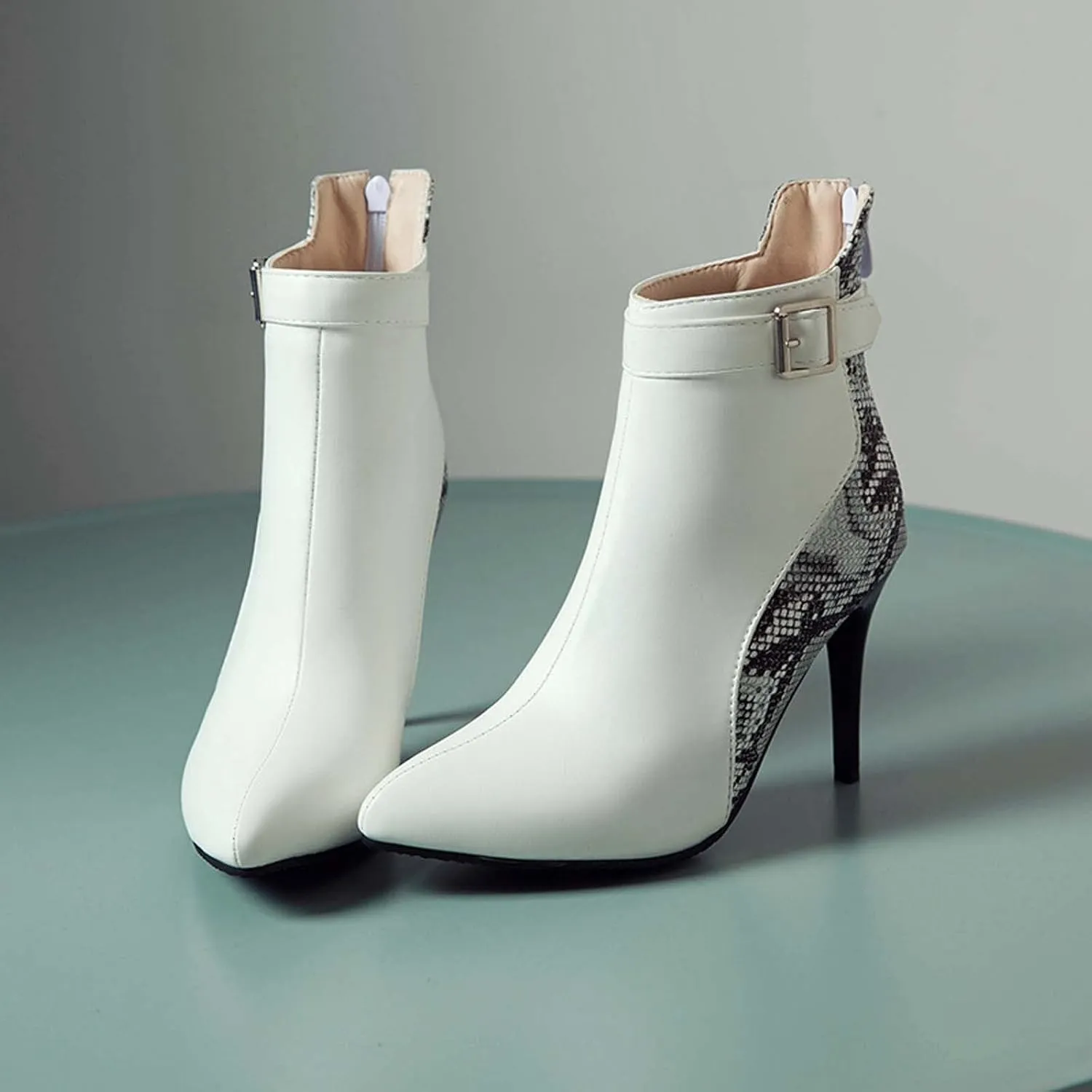 Stiletto Ankle Boots for Women - 2021 Fashion Pointed Toe Back Zipper Belt Buckle Snake Pattern Stitching Short Booties Casual High Heels Shoes