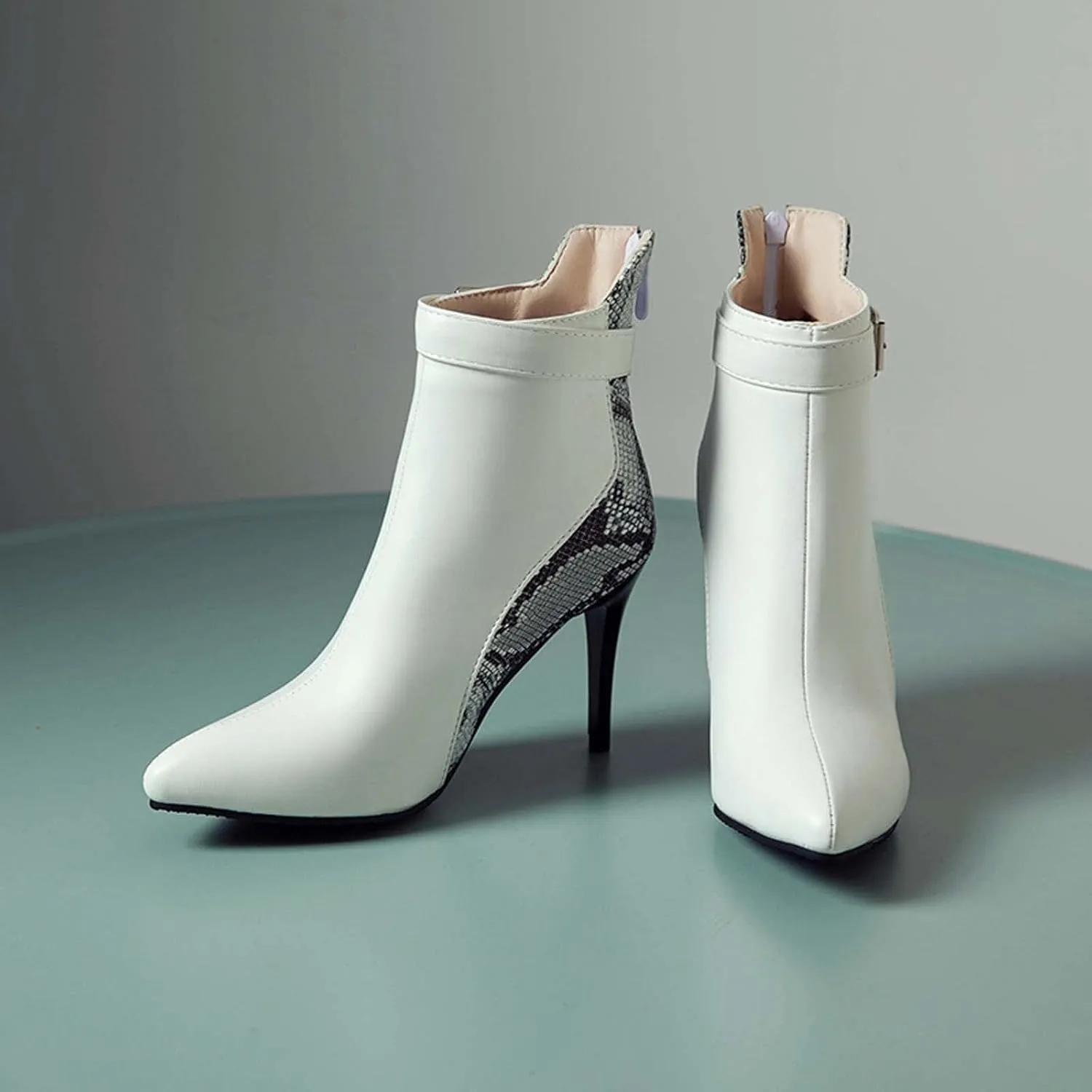 Stiletto Ankle Boots for Women - 2021 Fashion Pointed Toe Back Zipper Belt Buckle Snake Pattern Stitching Short Booties Casual High Heels Shoes