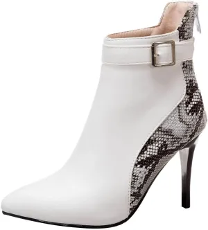 Stiletto Ankle Boots for Women - 2021 Fashion Pointed Toe Back Zipper Belt Buckle Snake Pattern Stitching Short Booties Casual High Heels Shoes