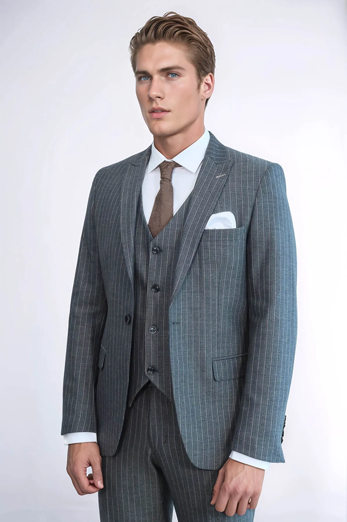 Striped Slim Fit Antracite Men Suit - Wessi