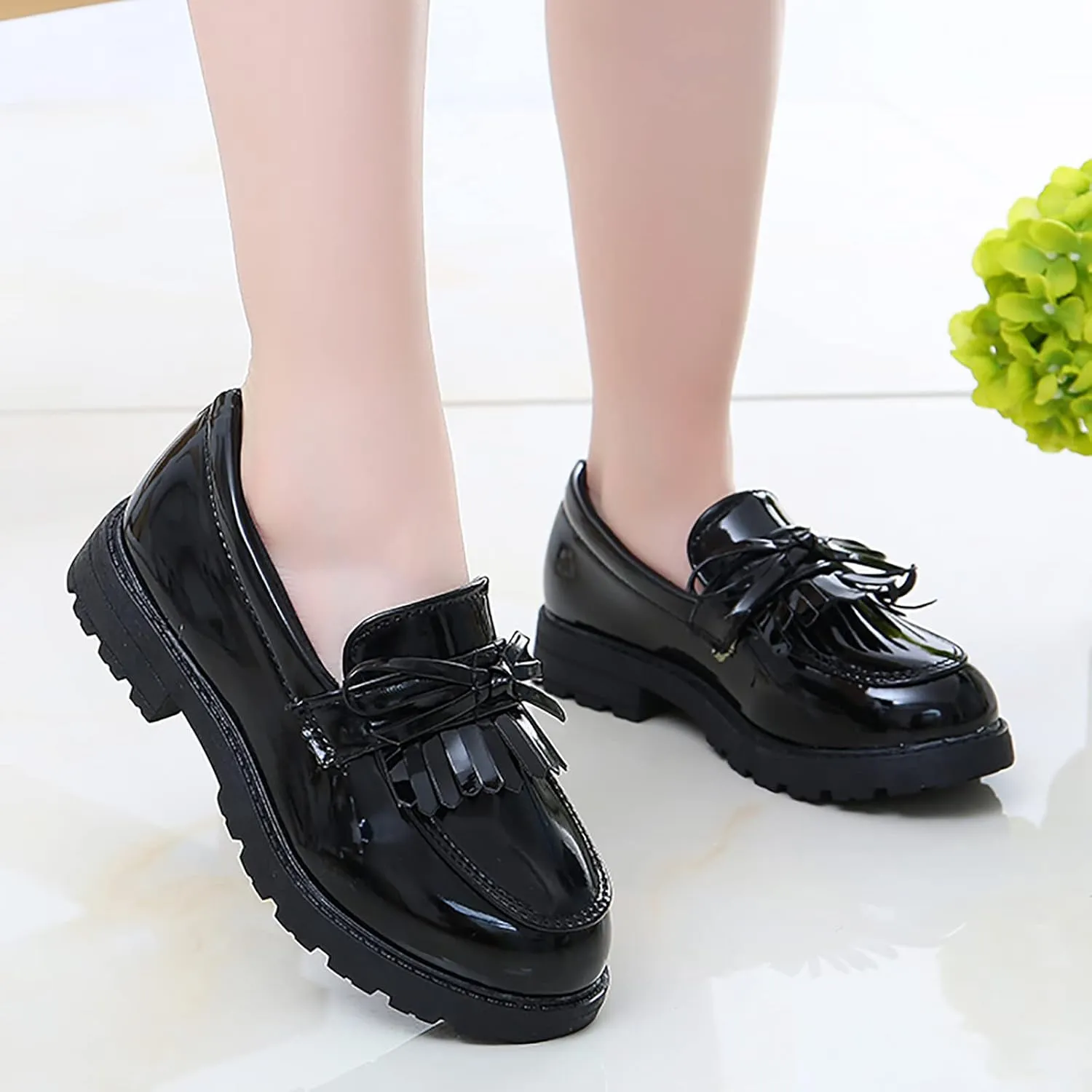 Summer Big Girls Loafer Slip On Leather Tassel Bow School Dress Shoes ??atent-Leather Reflective Flat Loafers