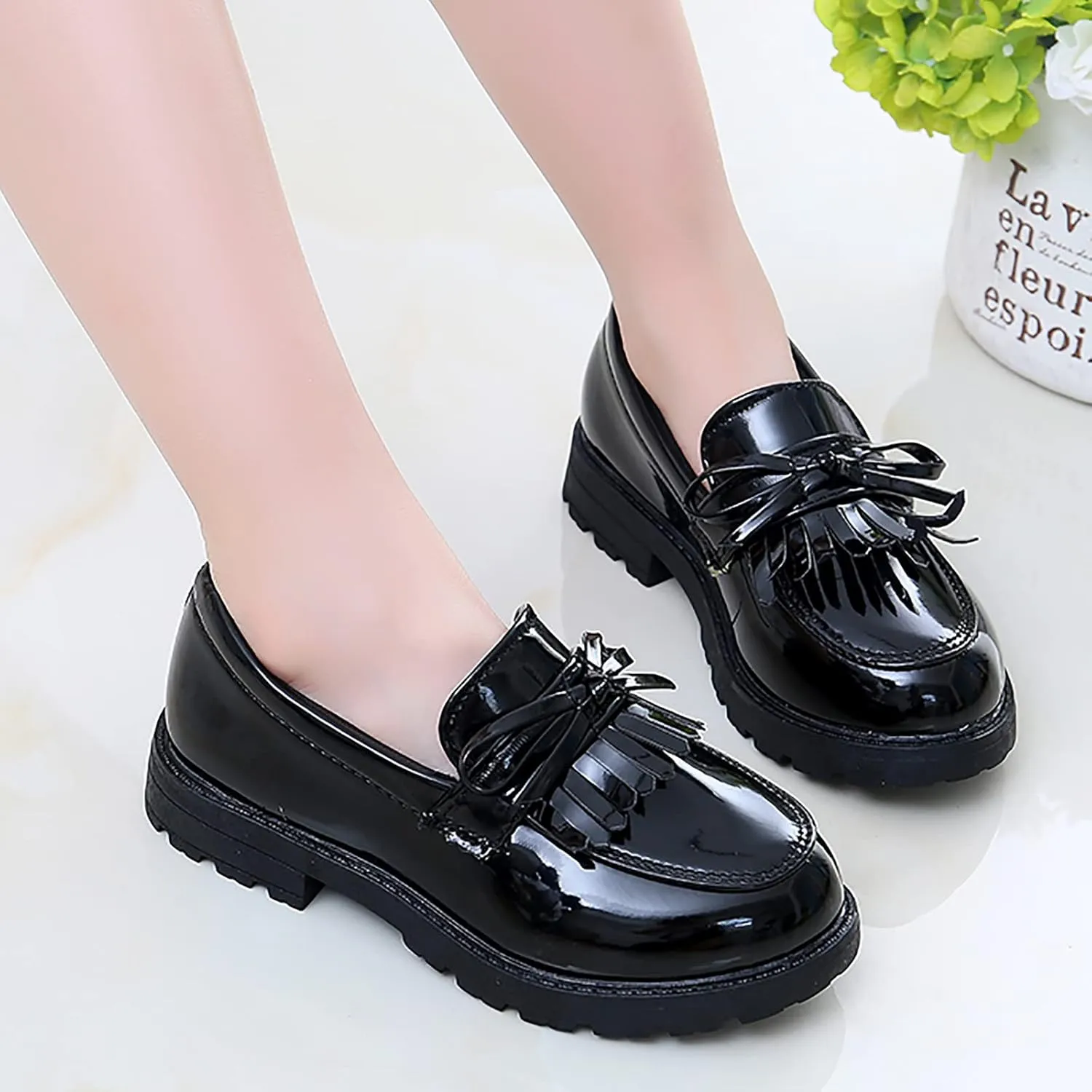 Summer Big Girls Loafer Slip On Leather Tassel Bow School Dress Shoes ??atent-Leather Reflective Flat Loafers