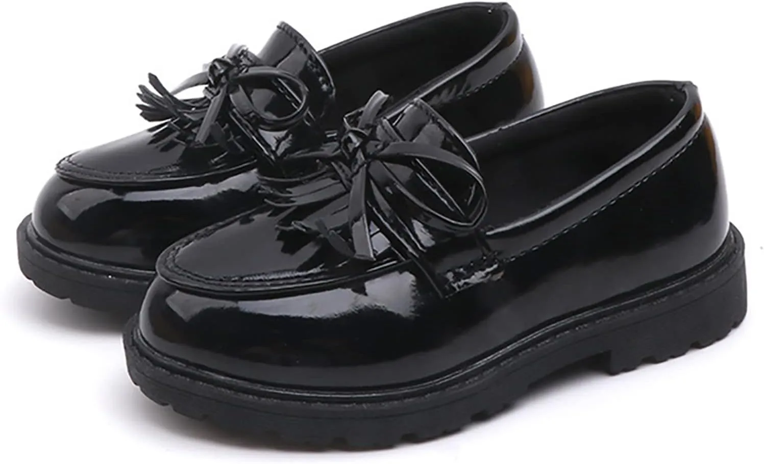 Summer Big Girls Loafer Slip On Leather Tassel Bow School Dress Shoes ??atent-Leather Reflective Flat Loafers