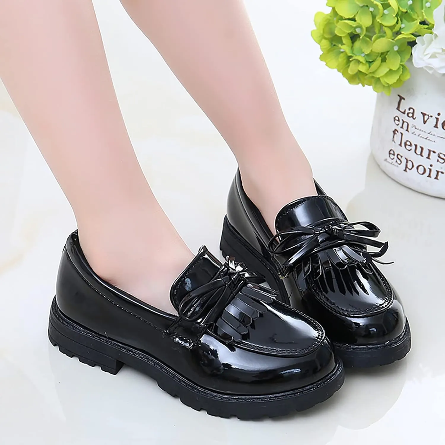 Summer Big Girls Loafer Slip On Leather Tassel Bow School Dress Shoes ??atent-Leather Reflective Flat Loafers