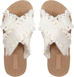 Verdusa Women's Fringe Criss Cross Strap Summer Sandals Slip On Slides Outdoor Shoes