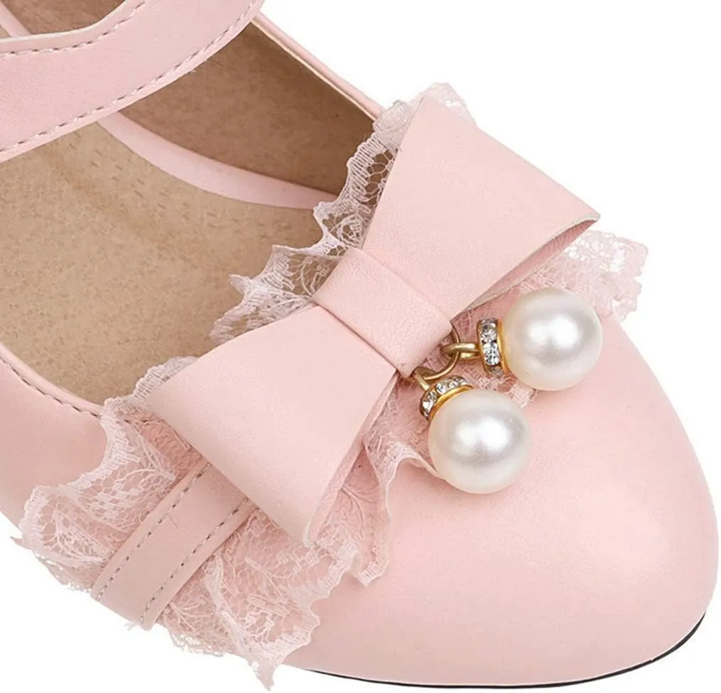 VOKLIN Women's Girls Lolita Mary Jane Pumps Princess Sweet Bow Lace Ankle Strap Low Heel Oxford Dress Shoes