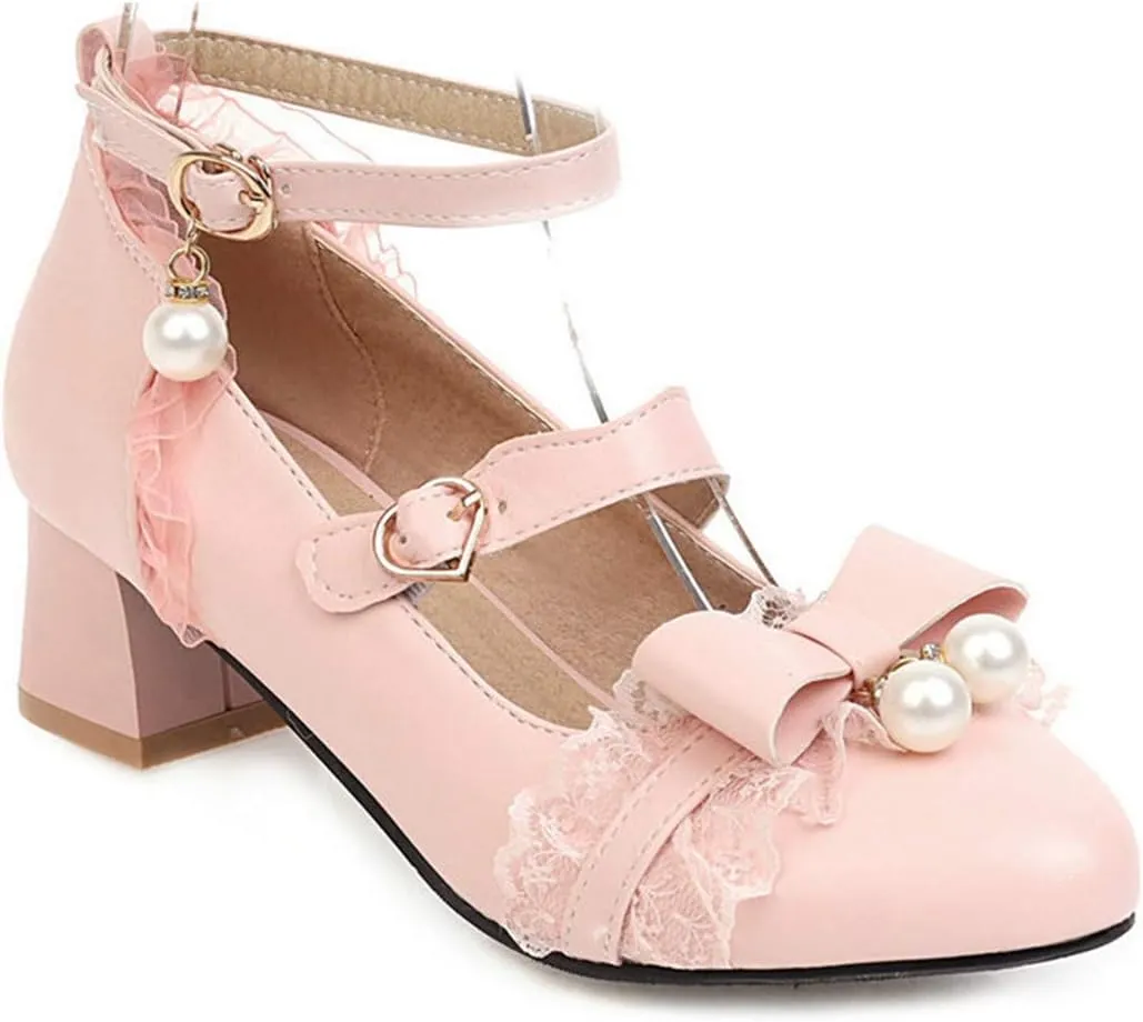 VOKLIN Women's Girls Lolita Mary Jane Pumps Princess Sweet Bow Lace Ankle Strap Low Heel Oxford Dress Shoes