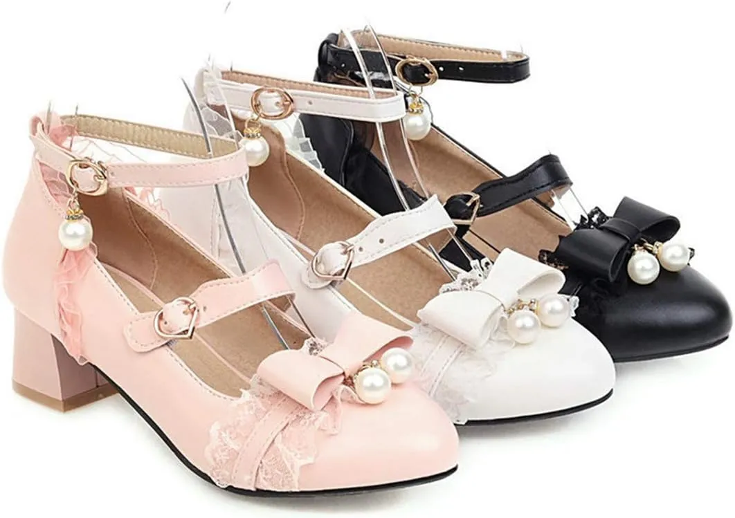 VOKLIN Women's Girls Lolita Mary Jane Pumps Princess Sweet Bow Lace Ankle Strap Low Heel Oxford Dress Shoes