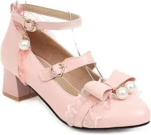 VOKLIN Women's Girls Lolita Mary Jane Pumps Princess Sweet Bow Lace Ankle Strap Low Heel Oxford Dress Shoes