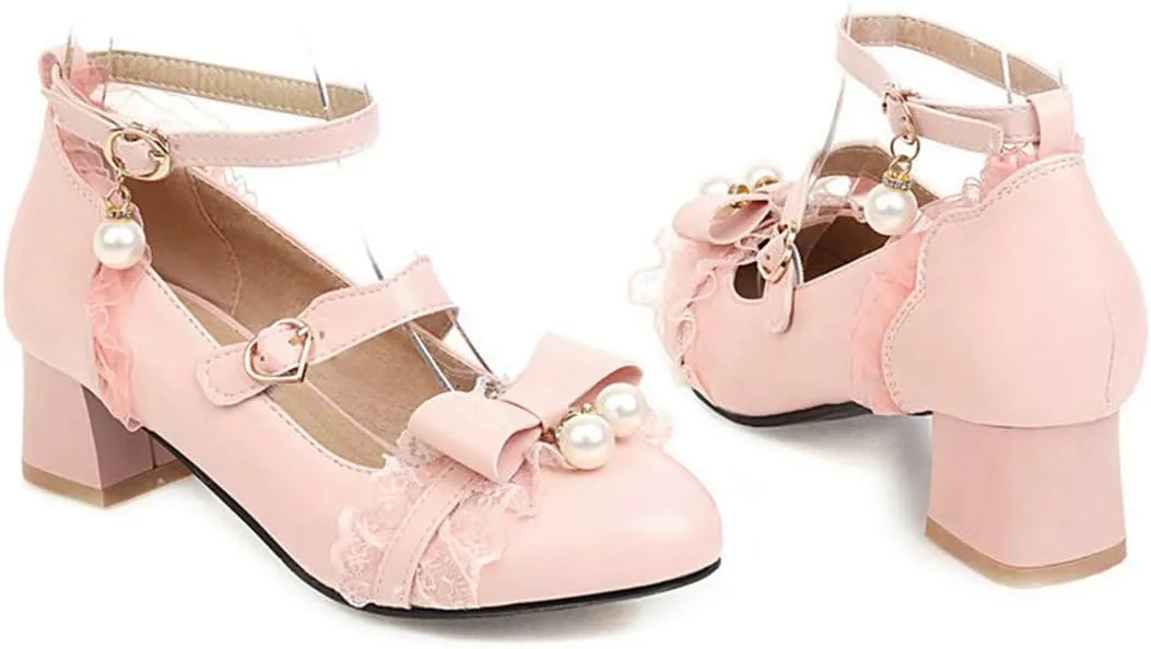 VOKLIN Women's Girls Lolita Mary Jane Pumps Princess Sweet Bow Lace Ankle Strap Low Heel Oxford Dress Shoes