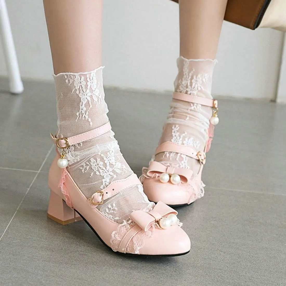 VOKLIN Women's Girls Lolita Mary Jane Pumps Princess Sweet Bow Lace Ankle Strap Low Heel Oxford Dress Shoes