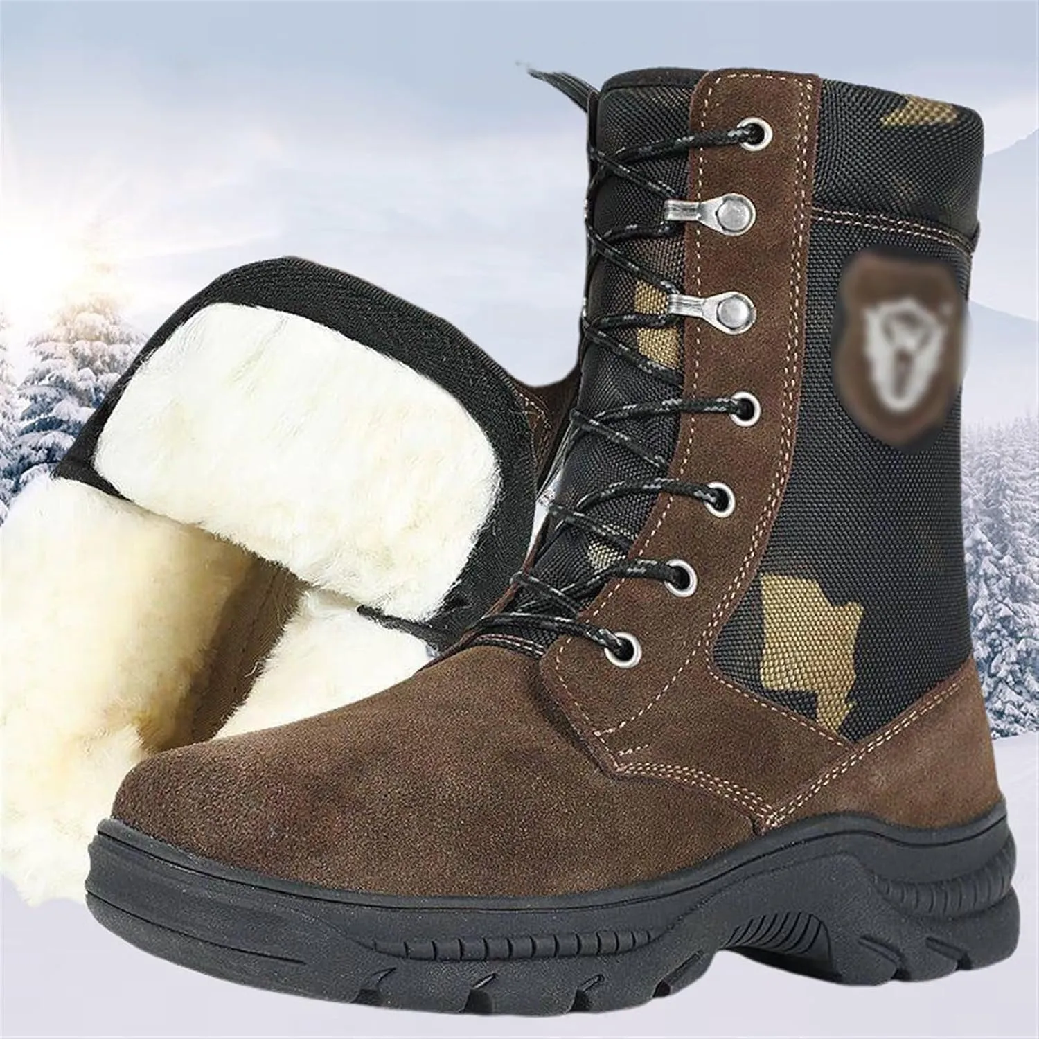 Winter Snow Boots for Men, Men Outdoor Waterproof Anti Slip Warm Fleece Lined Tall Snow Boots, Durable Lace up Hiking Walking Shoes, for Hiking Motorcycle Climbing