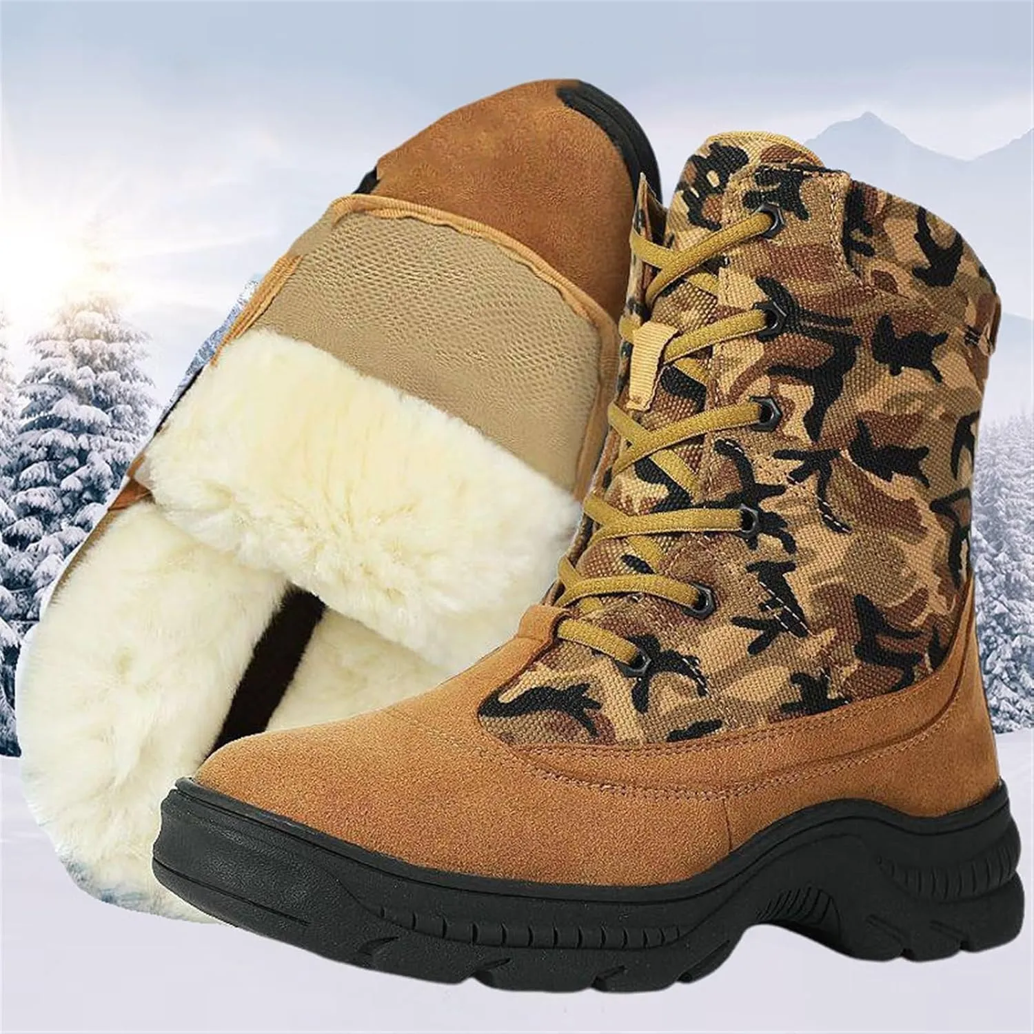 Winter Snow Boots for Men, Men Outdoor Waterproof Anti Slip Warm Fleece Lined Tall Snow Boots, Durable Lace up Hiking Walking Shoes, for Hiking Motorcycle Climbing