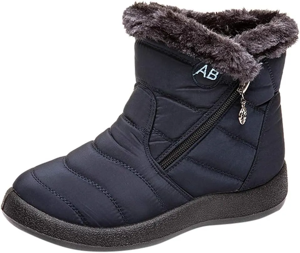 Women's Furry Ankle Booties Fleece Lined Warm Snow Boots Soft Flat Soled Non Slip Womens Winter Boots Extra Wide Calf
