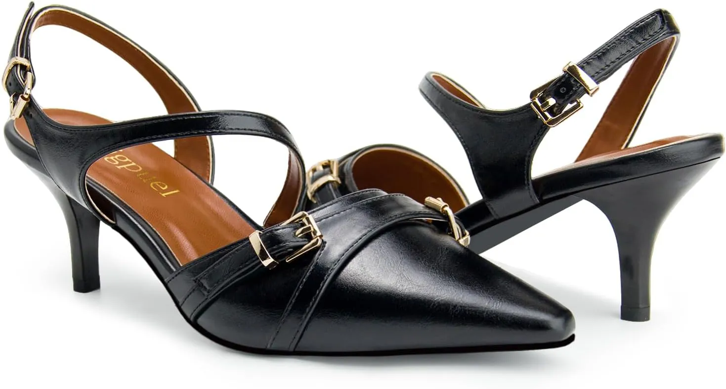 Women's Kitten Heels Slingback Dress Shoes Pointed Toe Buckle Pumps for Wedding Prom