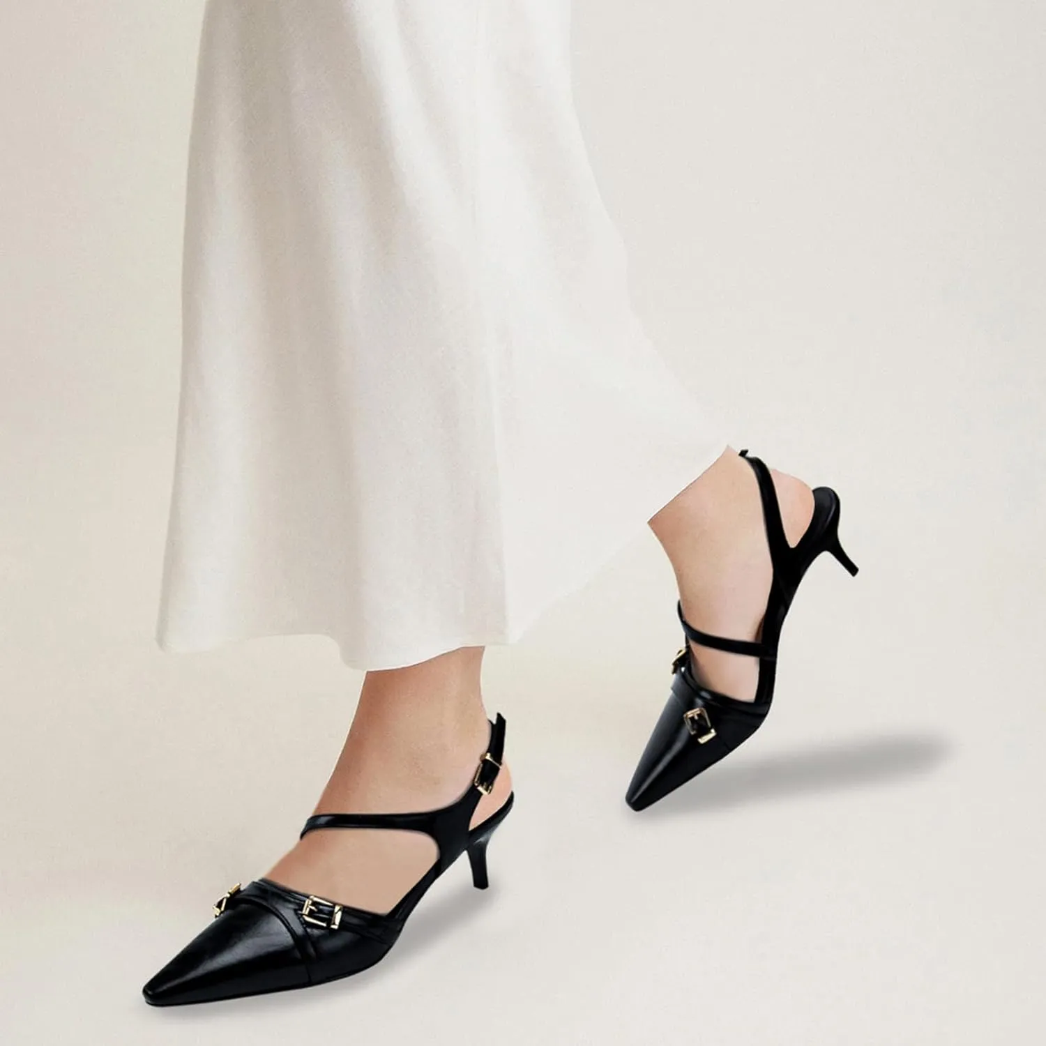 Women's Kitten Heels Slingback Dress Shoes Pointed Toe Buckle Pumps for Wedding Prom
