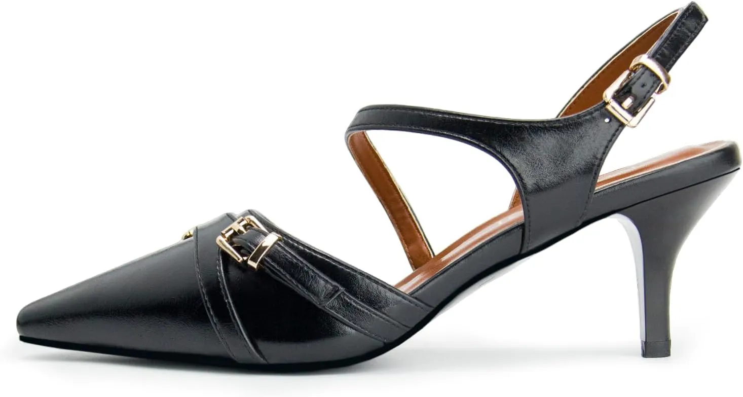 Women's Kitten Heels Slingback Dress Shoes Pointed Toe Buckle Pumps for Wedding Prom