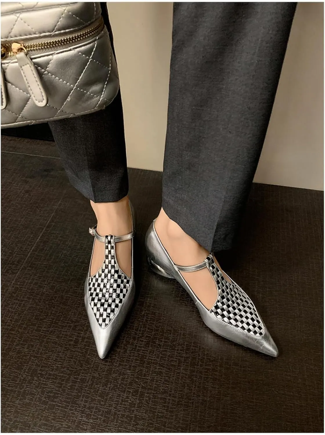 Women's T-Strap Low Block Chunky Heel Pumps Sexy Pointed Toe Closed with Buckle Mary Jane Shoe Fashion Patchwork Summer Casual Dress Shoes