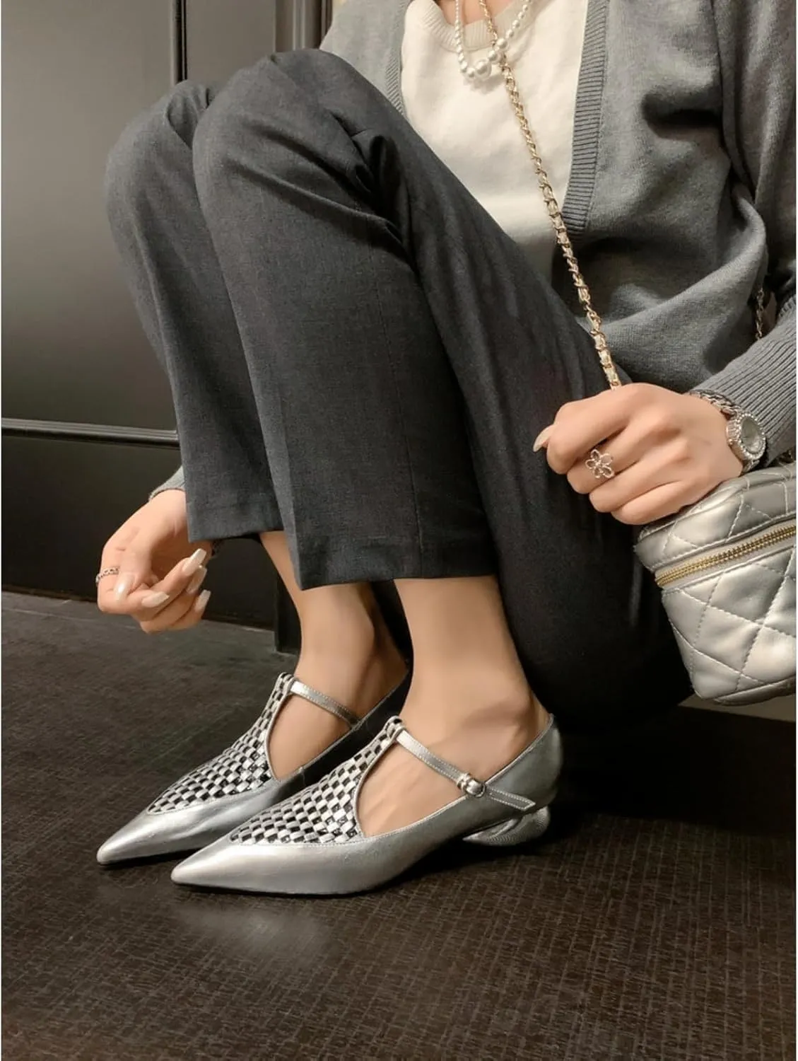 Women's T-Strap Low Block Chunky Heel Pumps Sexy Pointed Toe Closed with Buckle Mary Jane Shoe Fashion Patchwork Summer Casual Dress Shoes