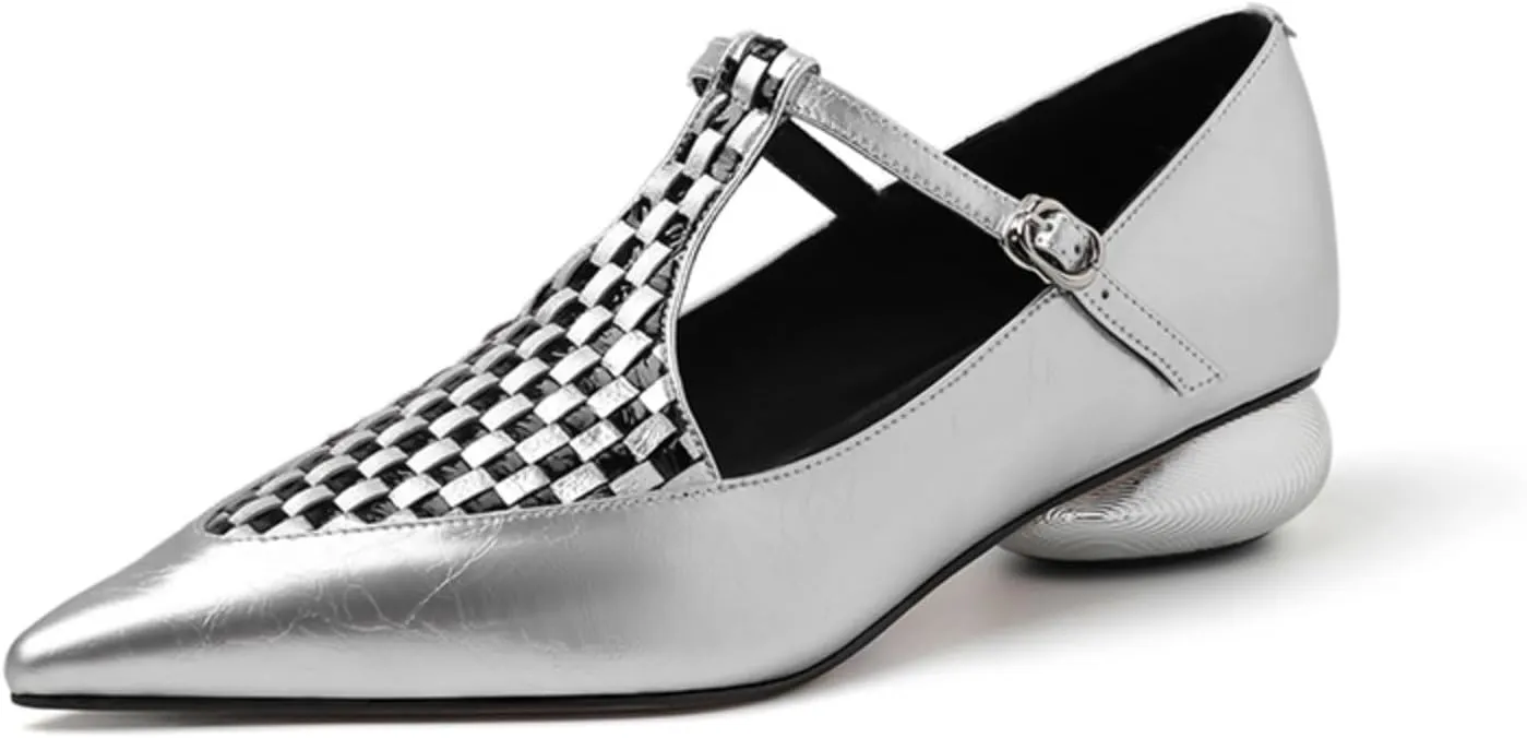 Women's T-Strap Low Block Chunky Heel Pumps Sexy Pointed Toe Closed with Buckle Mary Jane Shoe Fashion Patchwork Summer Casual Dress Shoes