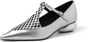 Women's T-Strap Low Block Chunky Heel Pumps Sexy Pointed Toe Closed with Buckle Mary Jane Shoe Fashion Patchwork Summer Casual Dress Shoes